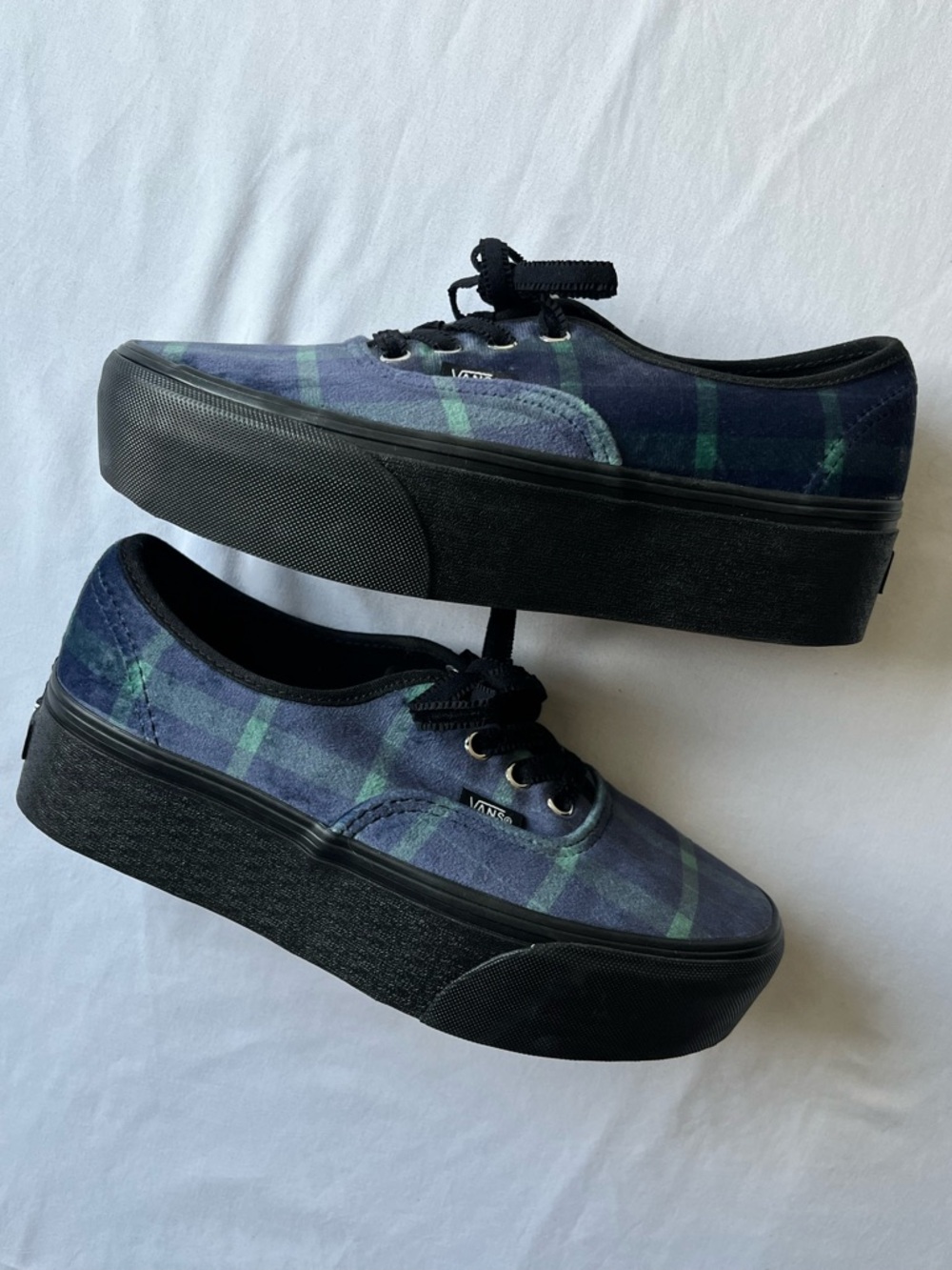 Vans Authentic Stackform Velvet Plaid Platform Shoes Sz 7 Navy & Green